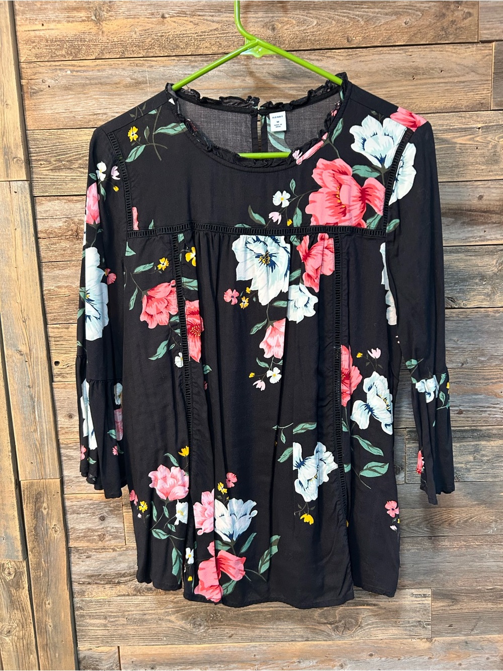 Old Navy Women's Black Floral Blouse with Pink & White Blooms* - size M